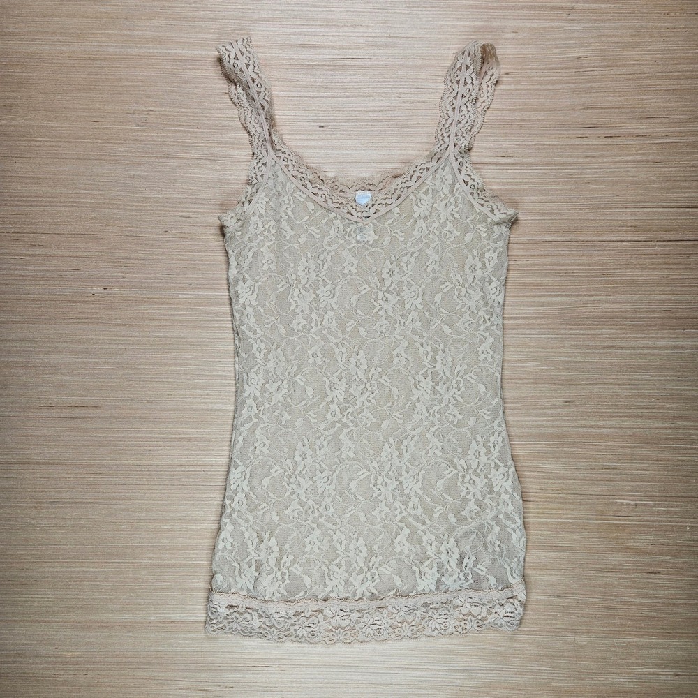 DKNY Lace Camisole Women M‎ Beige Floral Scalloped Trim Sheer Layering Tank Boho